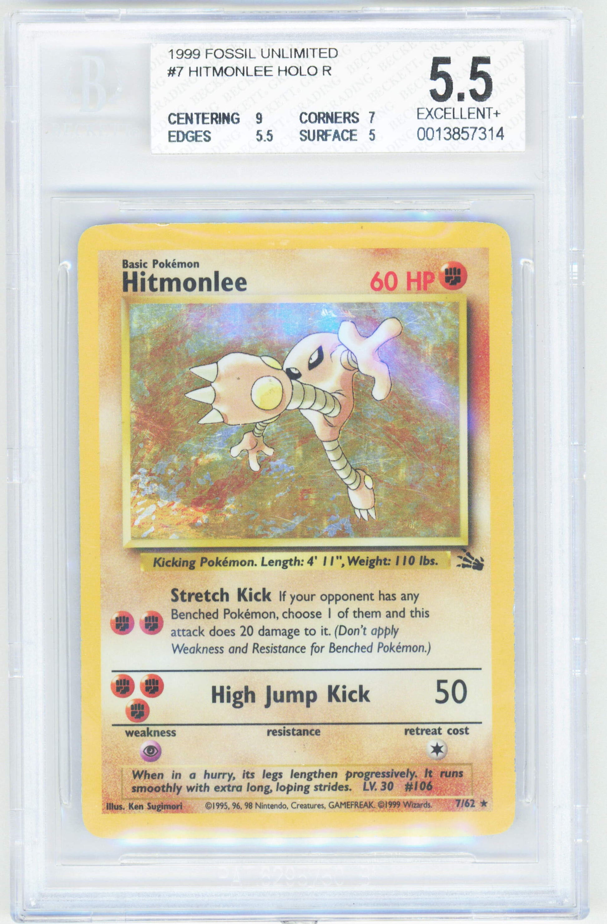 Pokemon Hitmonlee 7/62 Holo Pokemon Fossil Unlimited 1999 Beckett BGS