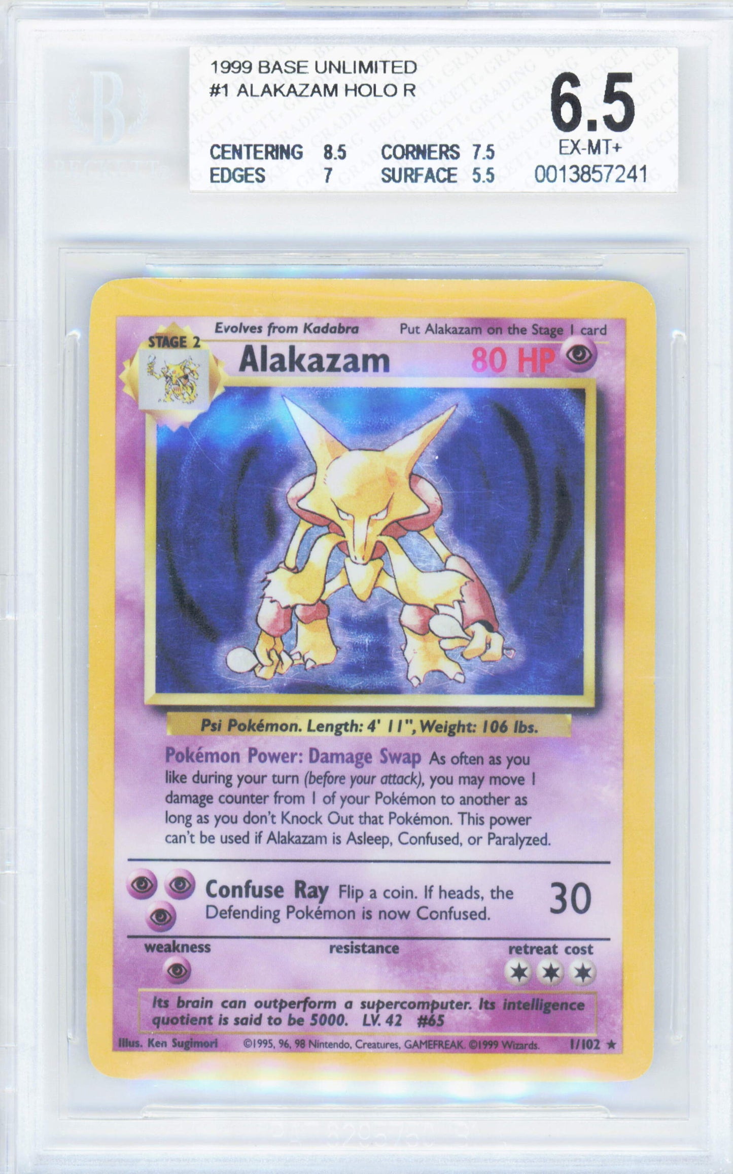 Pokemon Alakazam 1/102 Holo Pokemon Base Unlimited 1999 Beckett BGS 6.5