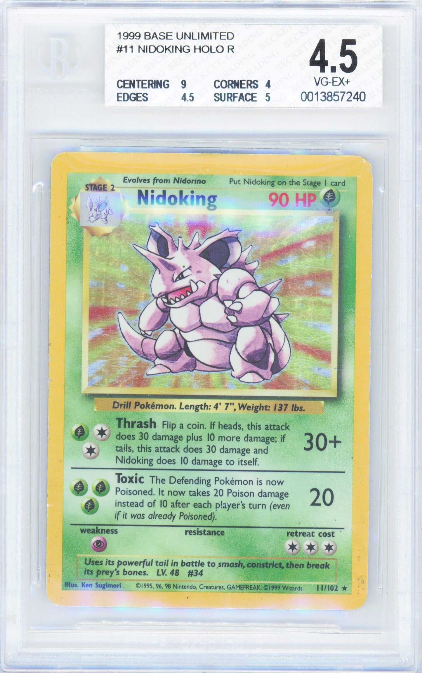 Pokemon Nidoking 11/102 Holo Pokemon Base Unlimited 1999 Beckett BGS 4.5