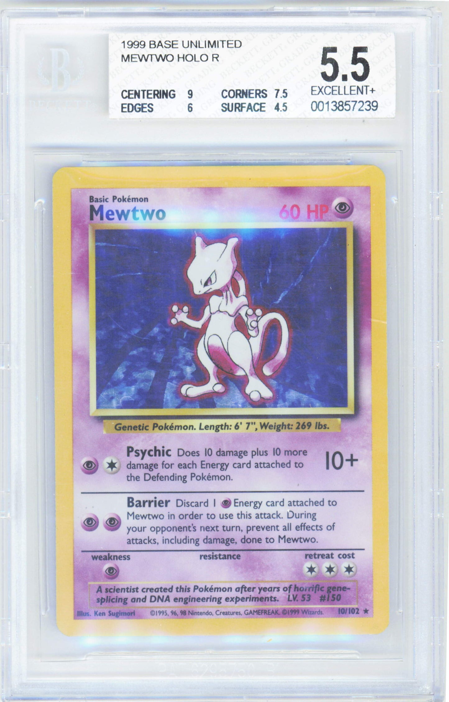 Pokemon Mewtwo 10/102 Holo Pokemon Base Unlimited 1999 Beckett BGS 5.5