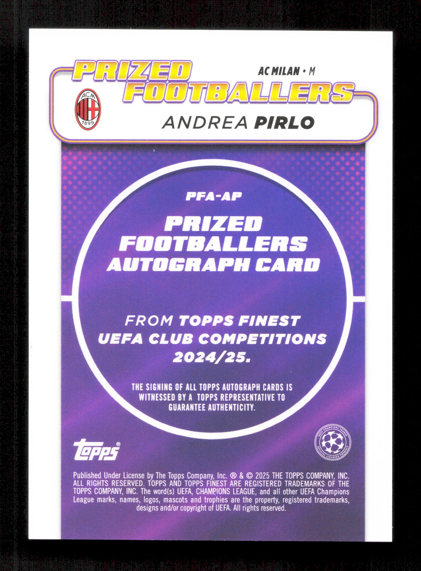 Topps Andrea Pirlo White Prized Footballers Autograph Card Finest UEFA Club Competitions 2024-25