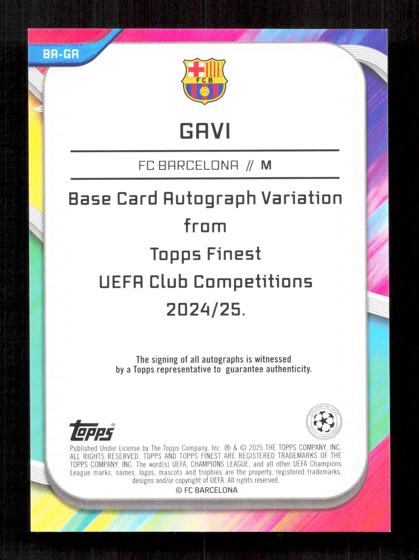Topps Gavi Gold Autograph Card /50 Finest UEFA Club Competitions 2024-25