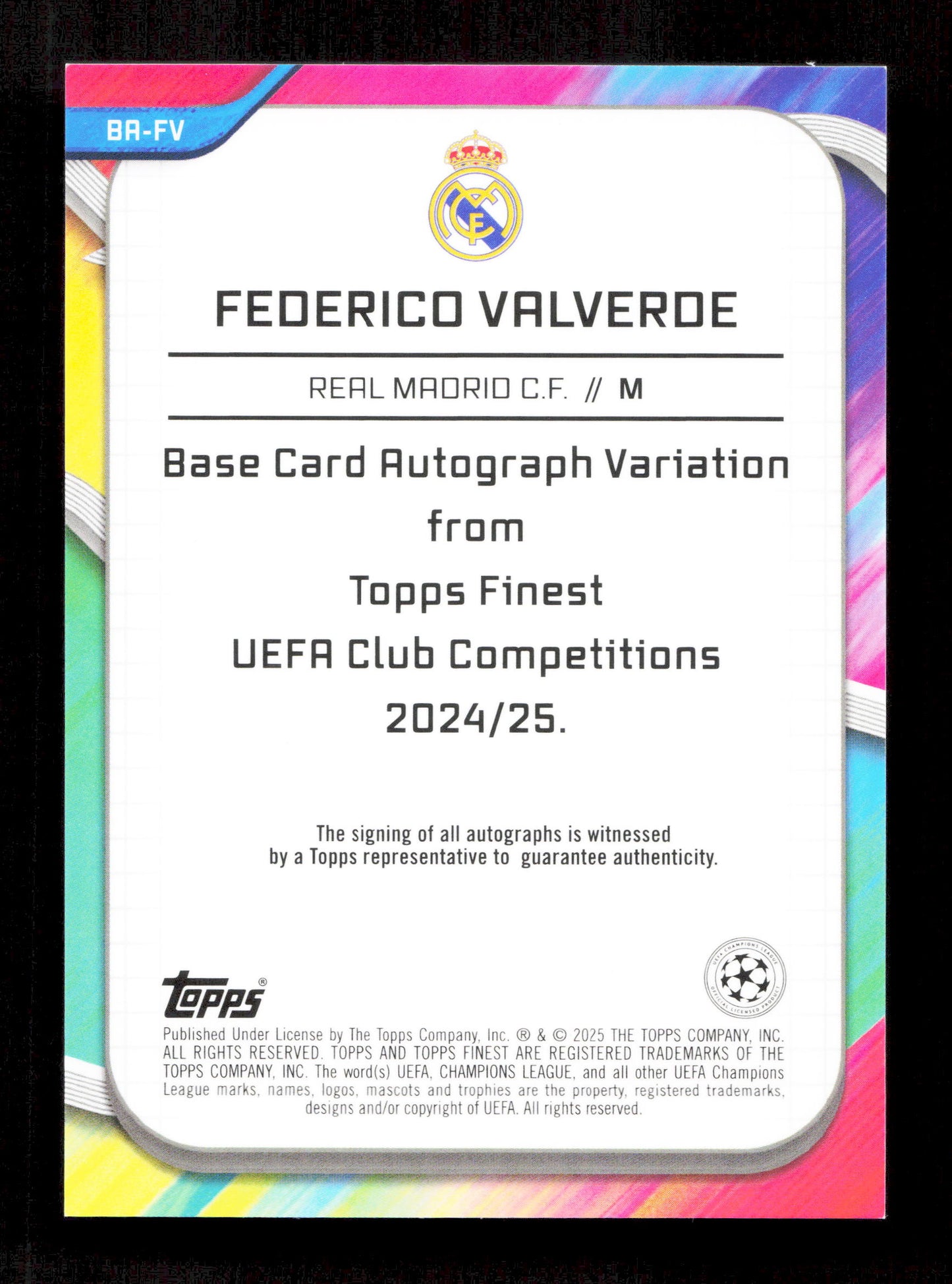 Topps Federico Valverde Black Autograph Card /10 Finest UEFA Club Competitions 2024-25