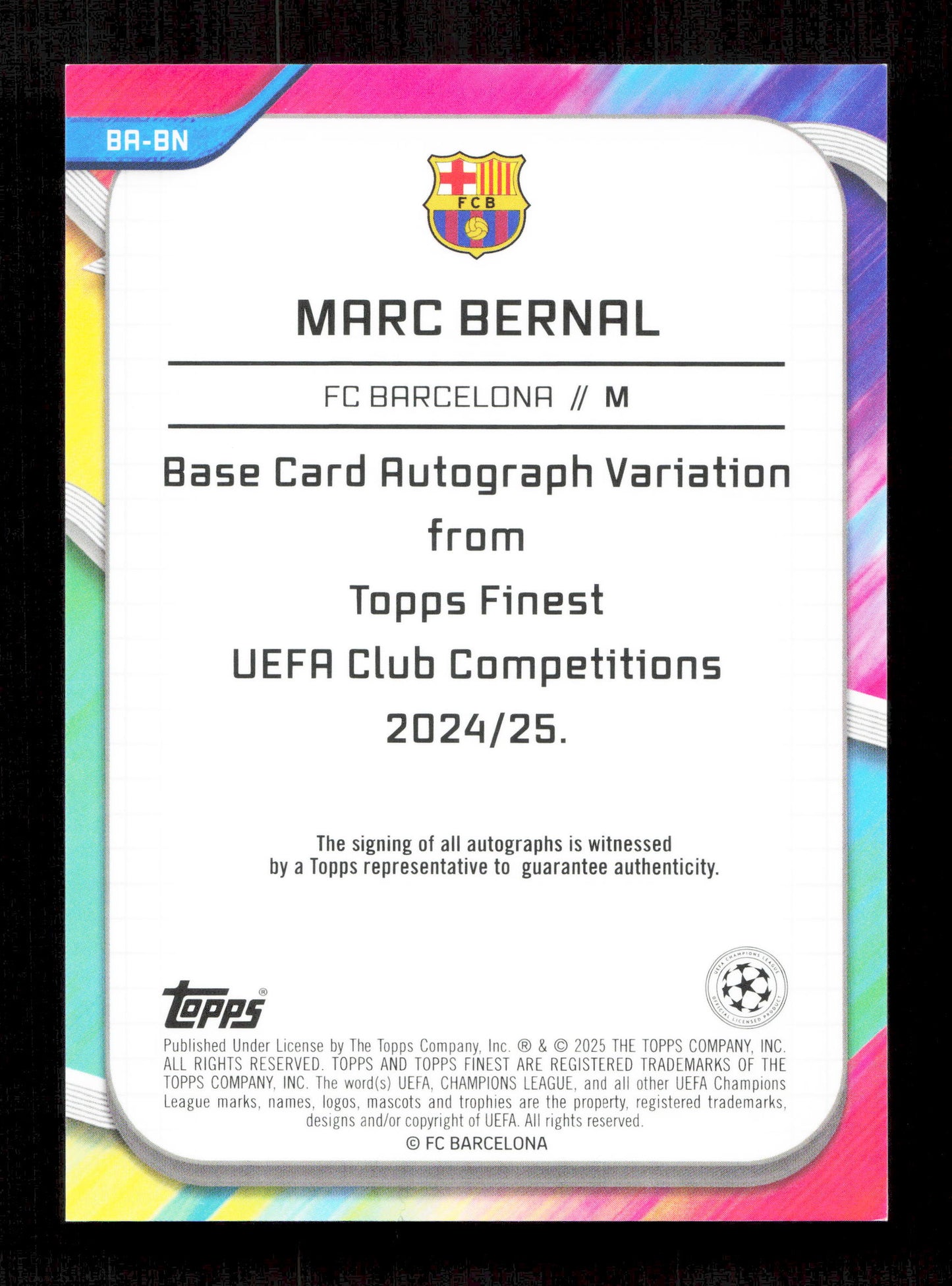 Topps Marc Bernal Orange Wave Autograph Card /25 Finest UEFA Club Competitions 2024-25