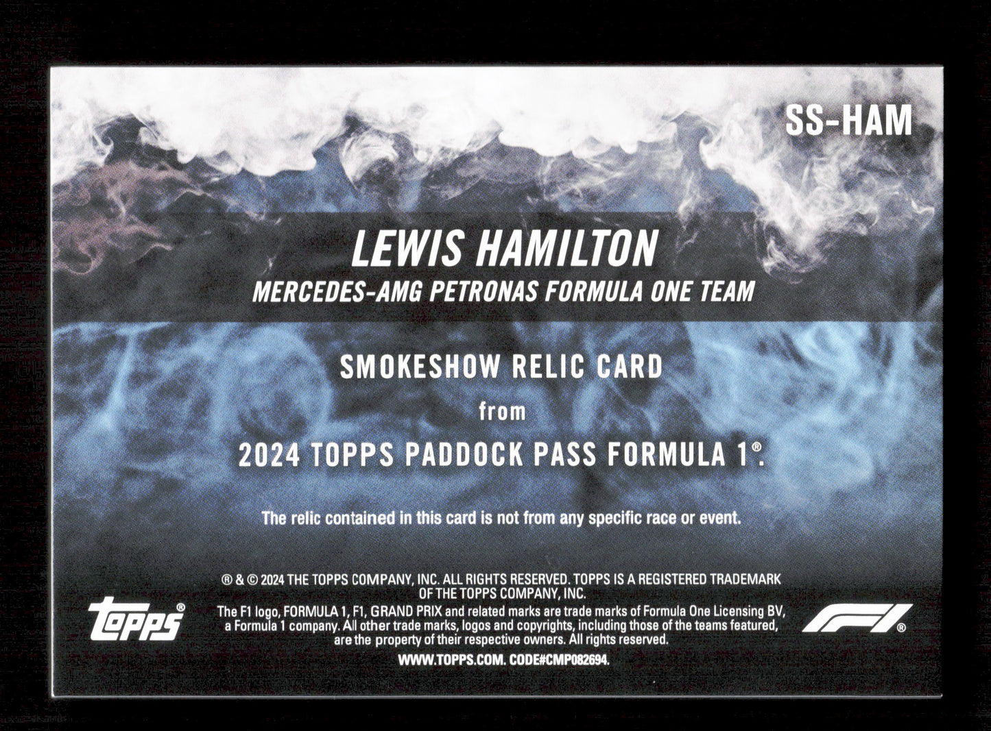 Topps Lewis Hamilton Smokeshow Relic Card /25 Paddock Pass Formula 1 2024