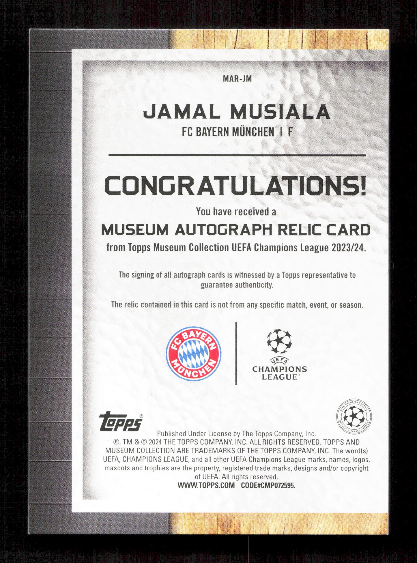 Topps Jamal Musiala Blue Museum Autograph Relic Card /75 Musuem Collection UEFA Champions League 2023-24