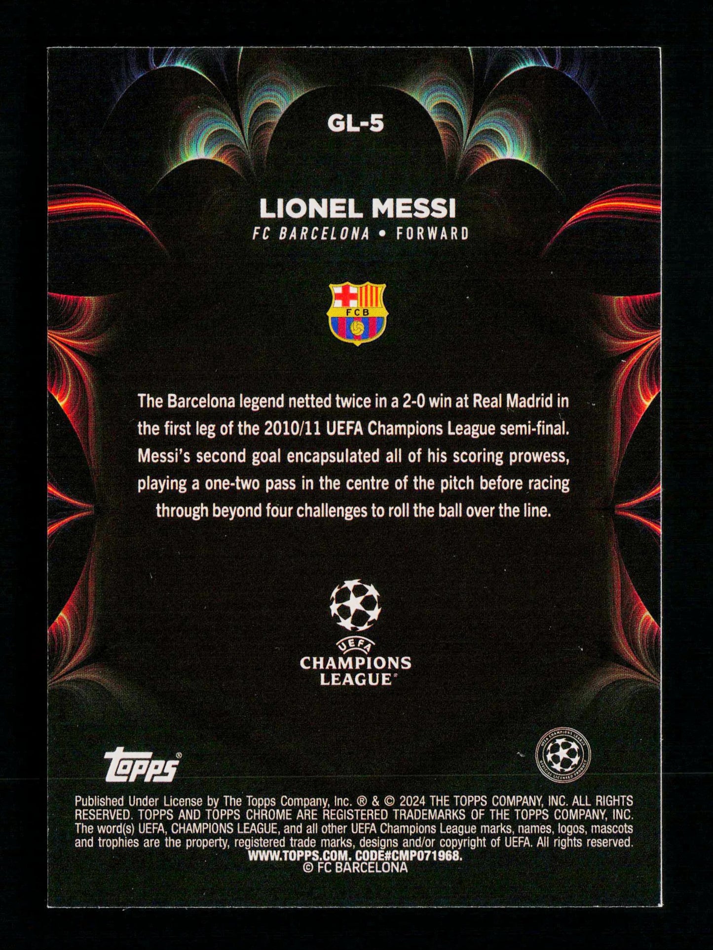 Topps Lionel Messi Orange Lava Golazo Refractor Chrome UEFA Club Competitions 2023-24