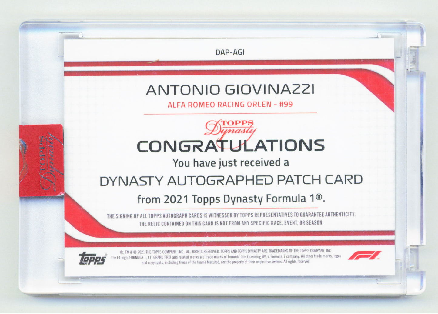 Topps Antonio Giovinazzi Dynasty On Card Autographed Patch Card /10 Dynasty Formula 1 2021