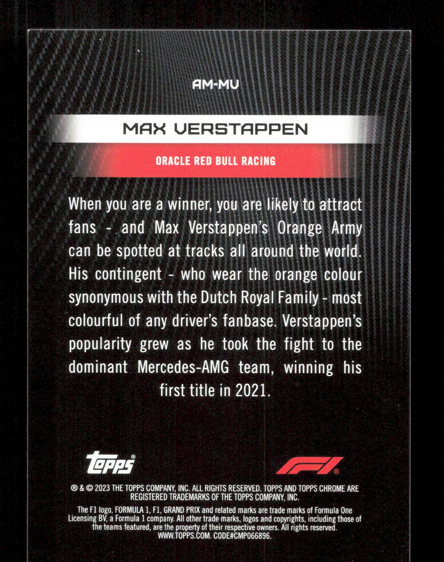 Topps Max Verstappen F1 Armour Card /50 (Case Hit) Chrome Formula 1 2023