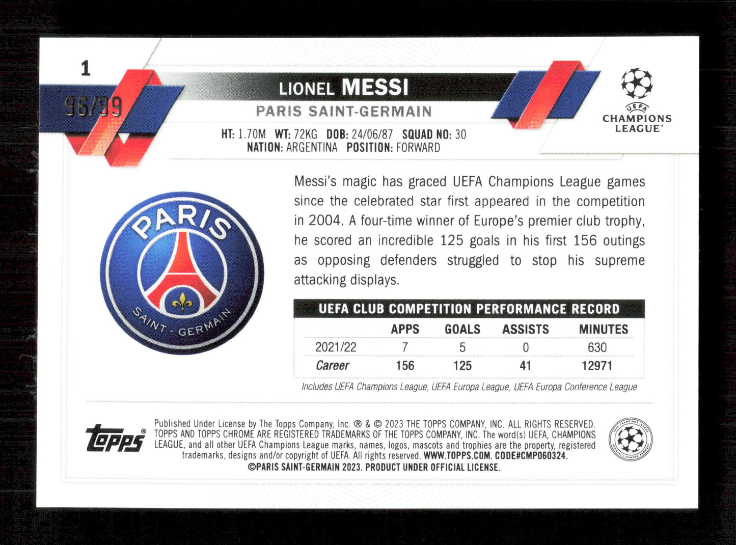 Topps Lionel messi Yellow Parallel Card /99 Chrome Sapphire UEFA Champions League 2023 #1