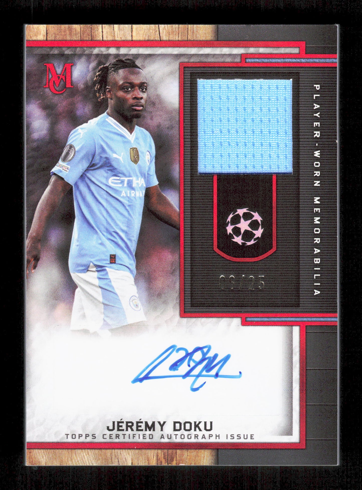 Topps Jeremy Doku Red Musuem Player Worn Autograph Relic Card /25 Musuem Collection UEFA Champions League 2023-24