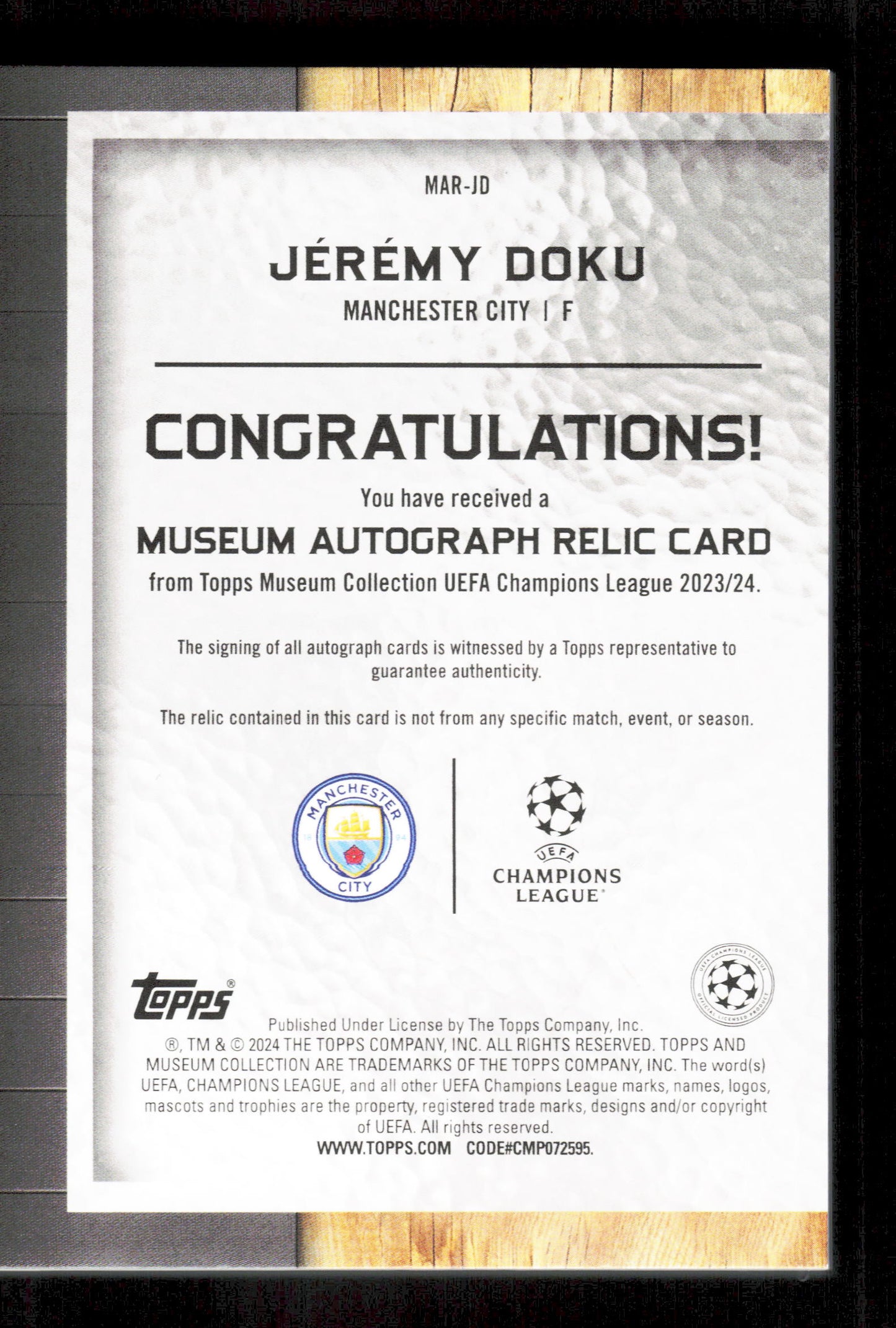 Topps Jeremy Doku Red Musuem Player Worn Autograph Relic Card /25 Musuem Collection UEFA Champions League 2023-24