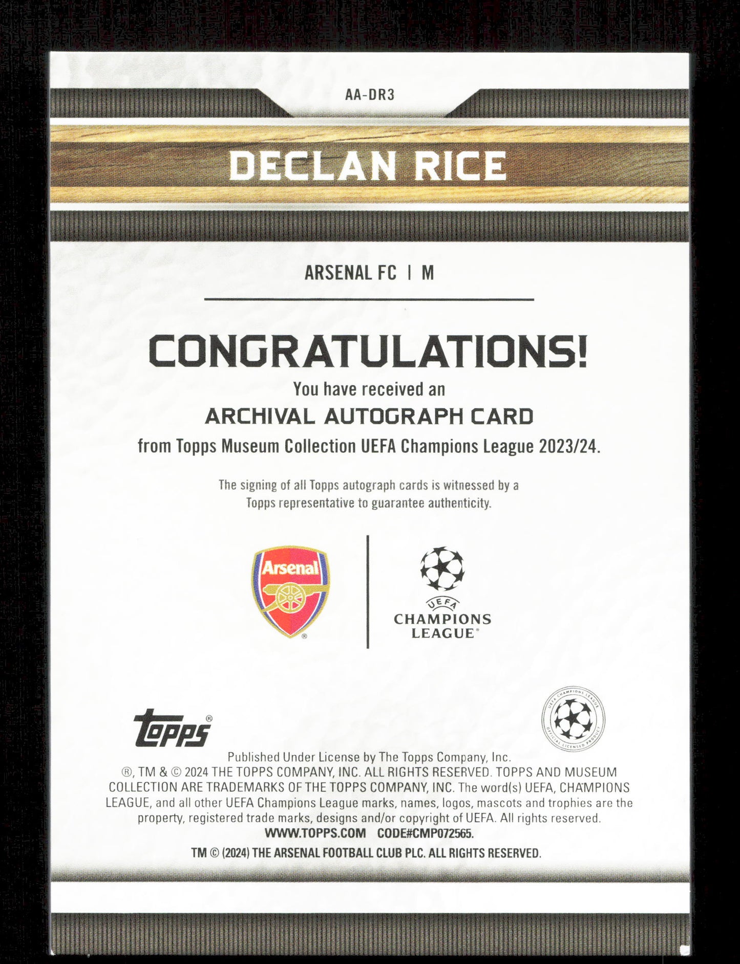 Topps Declan Rice Gold Archival Autograph Card /50 Museum Collection UEFA Champions League 2023-24