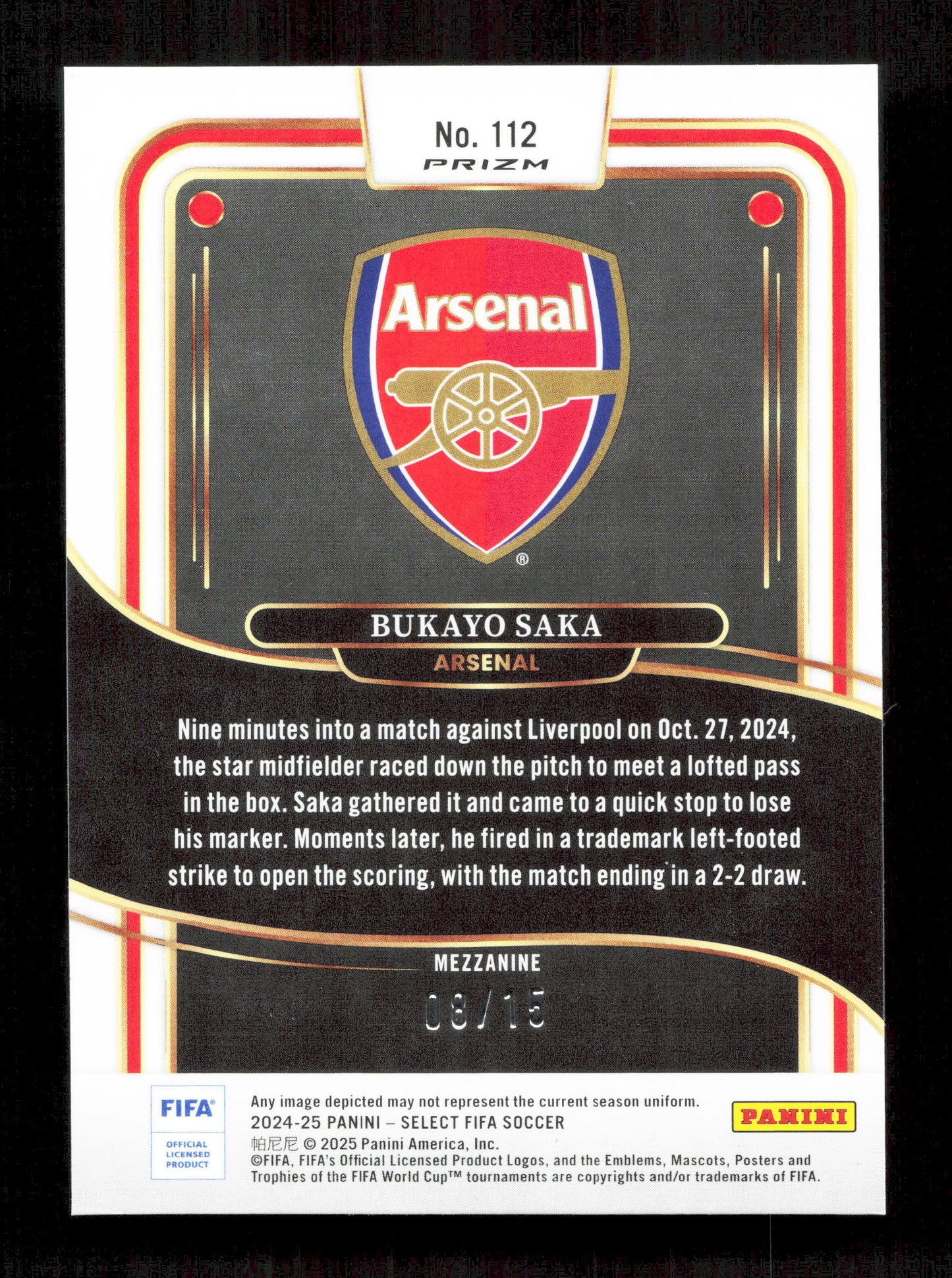 Panini Bukayo Saka Orange & Green Mezzanine Prizm /15 Panini Select Fifa Soccer 2024-25 #112
