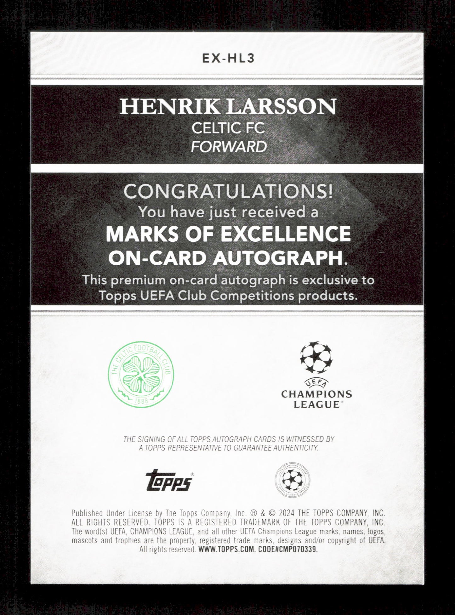 Topps Henrik Larsson Gold Marks Of Excellence On-Card Autograph Card /50 Finest UEFA Champions League 2024