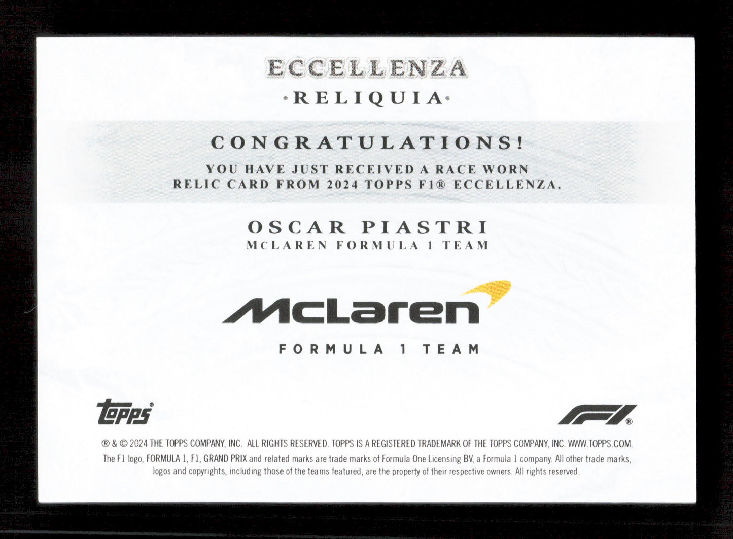 Topps Oscar Piastri Base Race Worn Reliquia Card Eccellenza 2024
