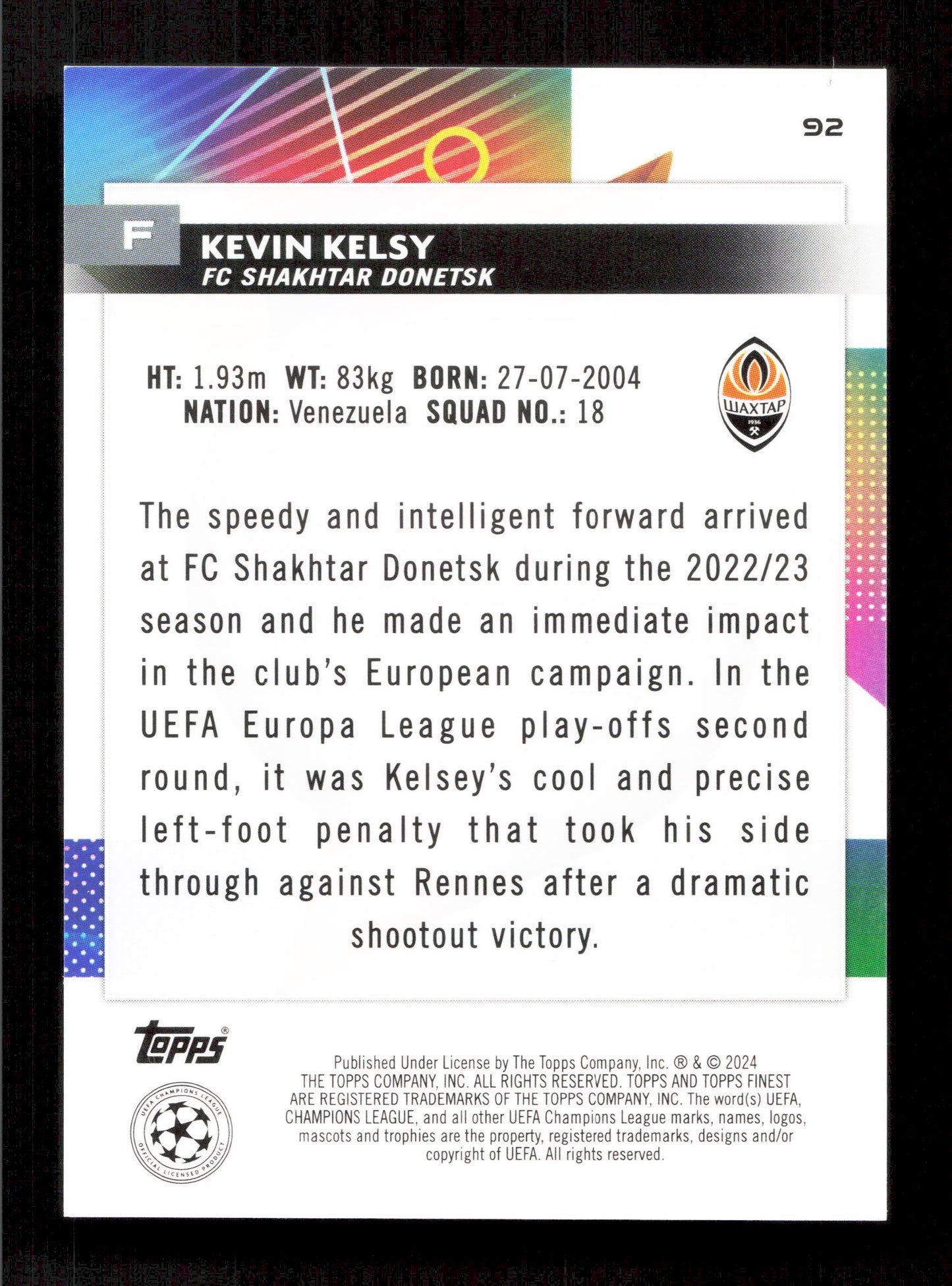 Topps Kevin Kelsy Red Parallel Card /5 RC Finest UEFA Champions League 2024-25 #92