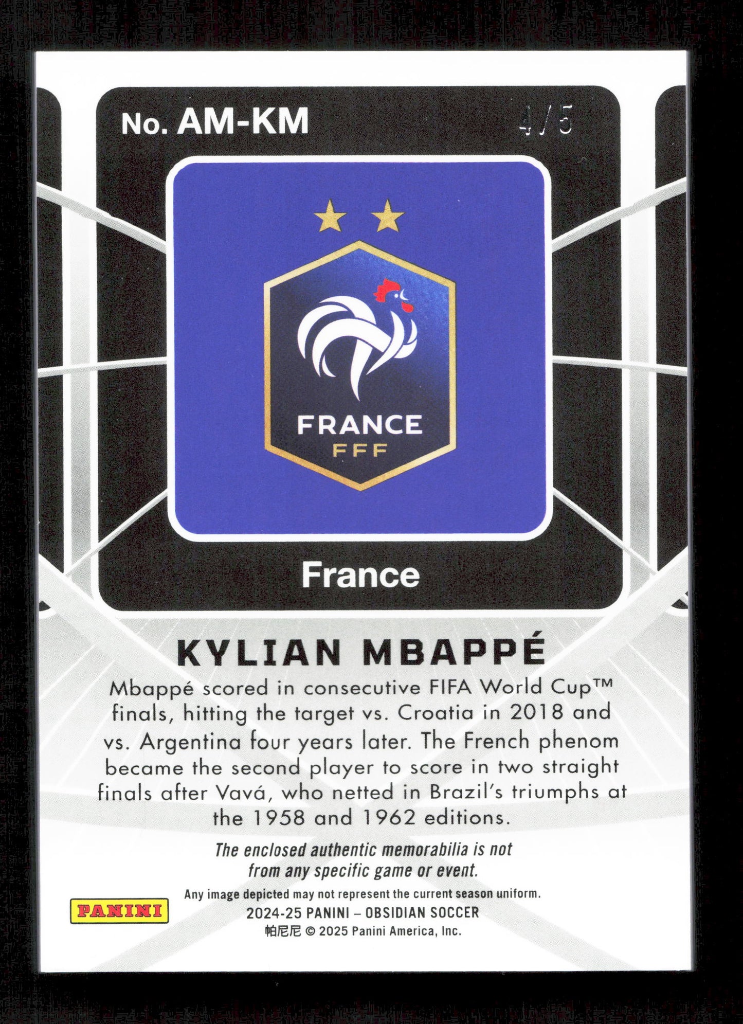 Panini Kylian Mbappe Green Atomic Material Relic Card /5 Panini Obsidian Soccer 2024-25