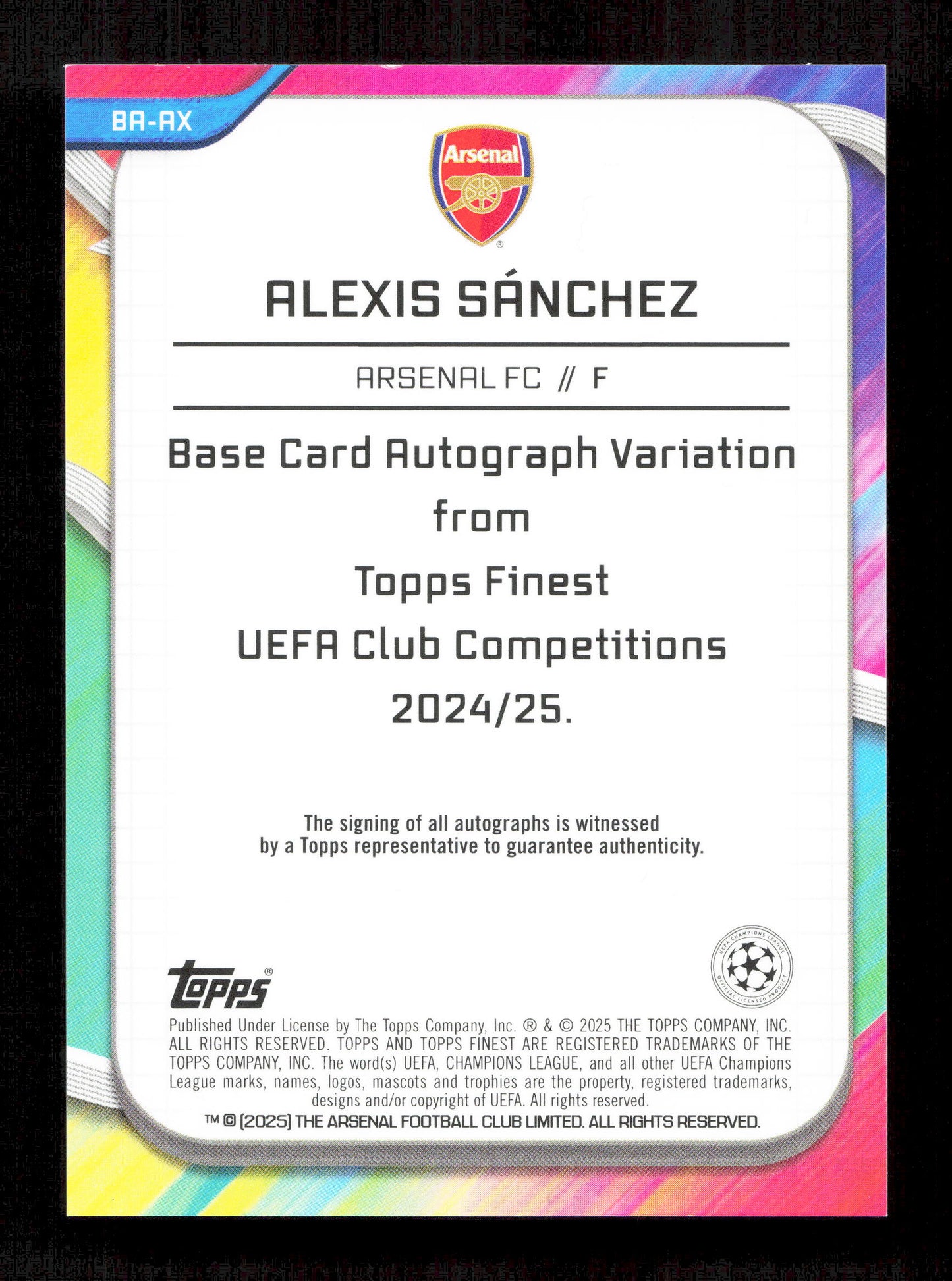 Topps Alexis Sanchez Red Autograph Card /5 Finest UEFA Club Competitions 2024-25
