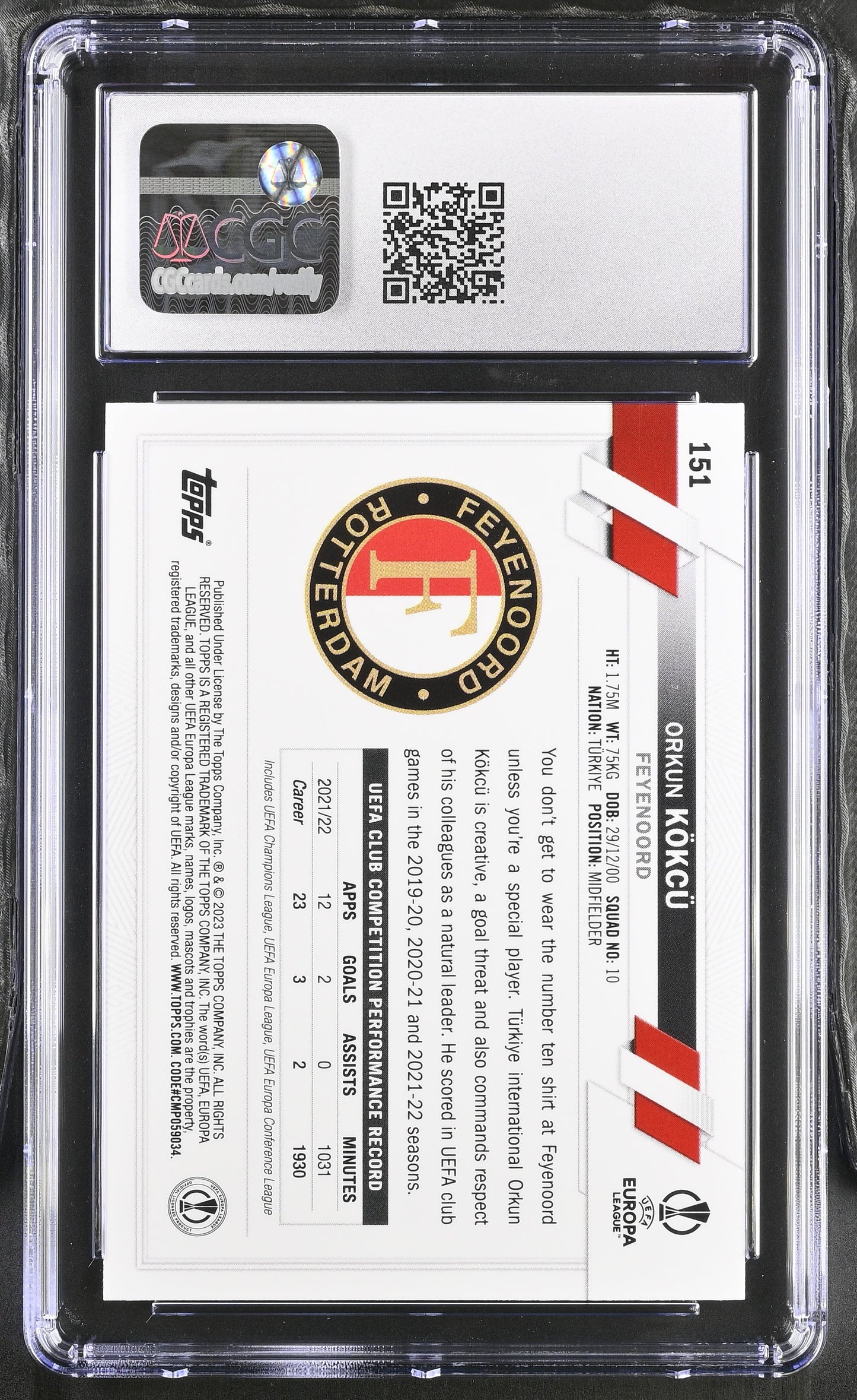 Topps Orkun Kokcu Base Card RC UEFA Club Competitions 2022-23 #151 CGC9