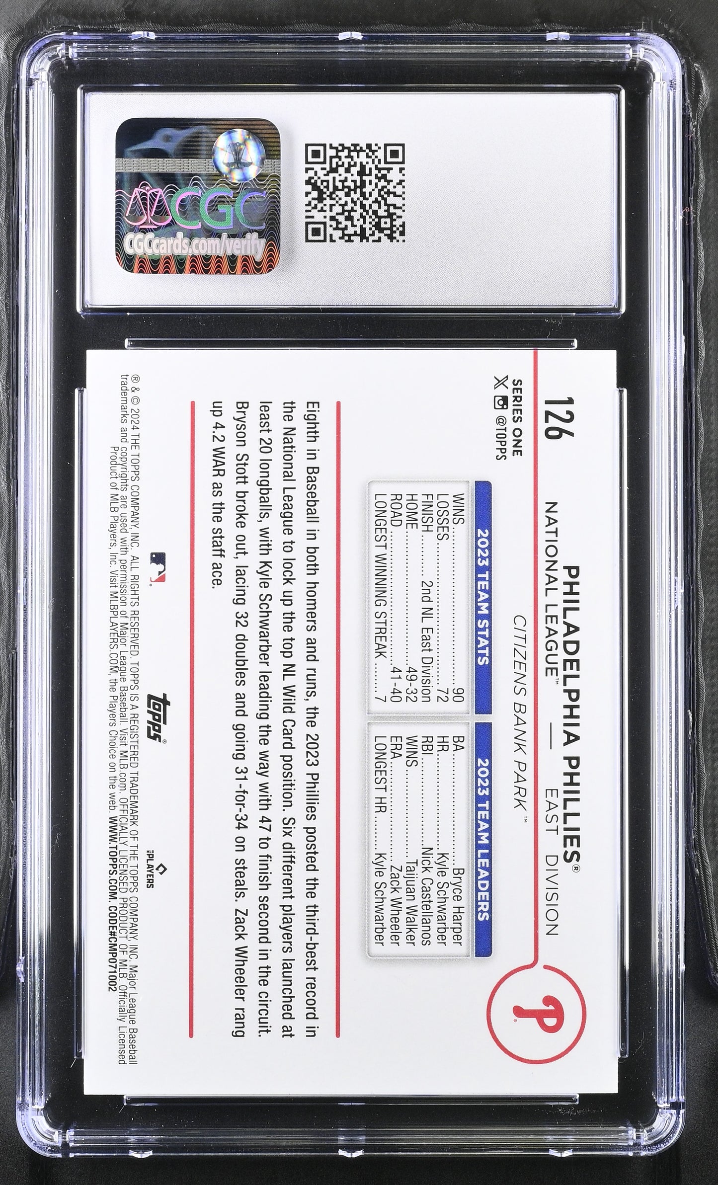 Topps Philadelphia Phillies Base Card Series 1 Baseball 2024 #126 CGC10