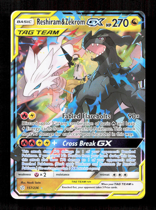 Pokemon Reshiram & Zekrom GX Tag Team 157/236 Ultra Rare Pokemon Cosmic Eclipse 2019