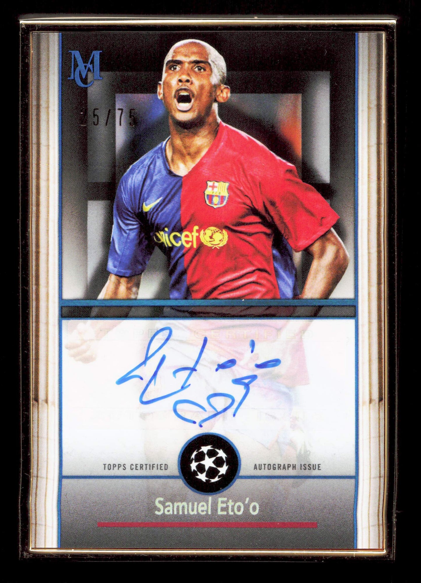Topps Samuel Eto'o Blue Gold Framed Autograph Card /75 Museum Collection UEFA Club Competitions 2024-25