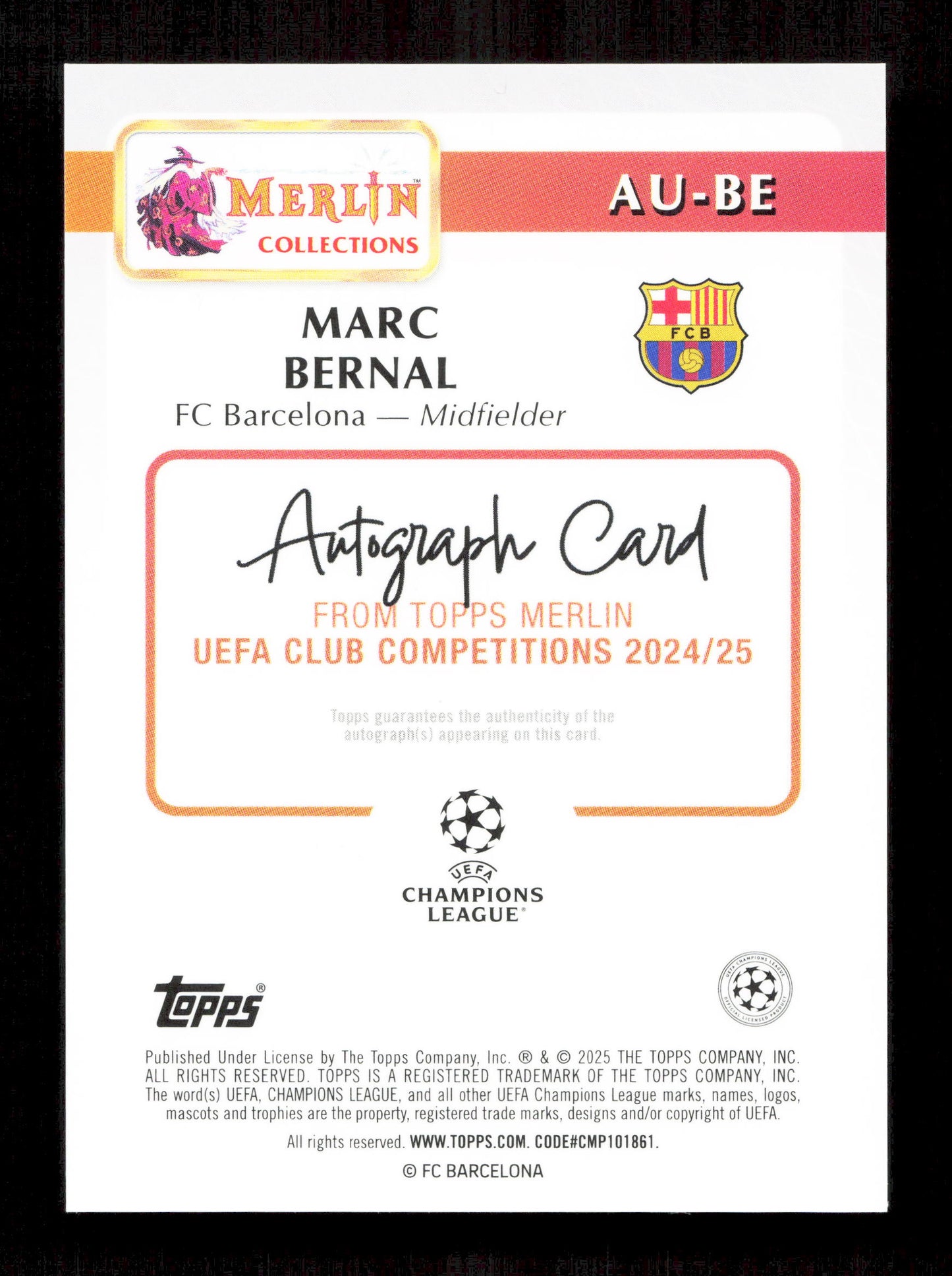 Topps Marc Bernal Gold Mojo Autograph Card /50 RC Merlin UEFA Club Competitions 2024-25
