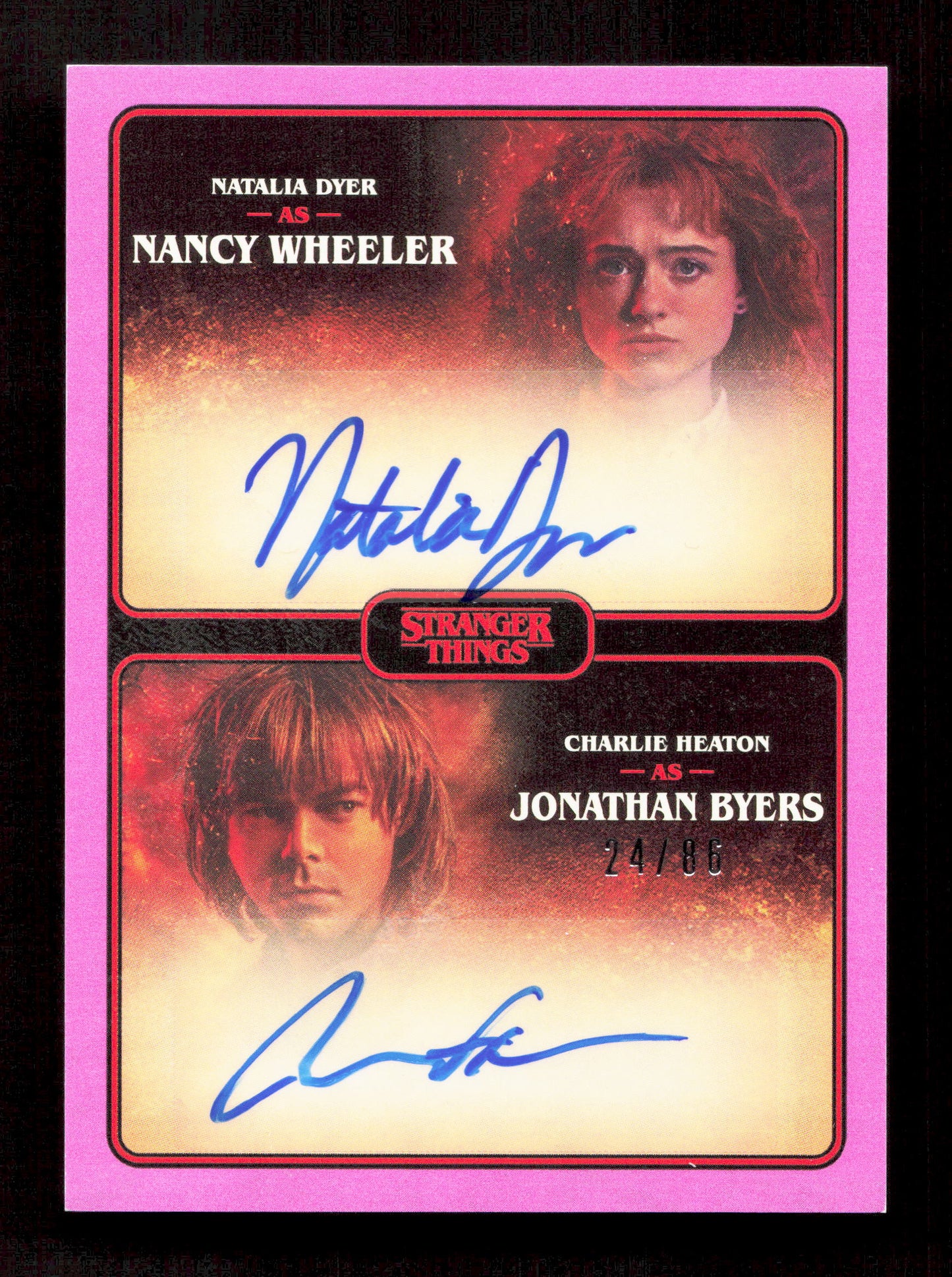 Zerocool Natalia Dyer as Nancy Wheeler & Charlie Heaton as Jonathan Byers Pink Dual Autograph Card /86 Stranger Things Season