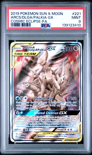 Pokemon Arceus & Dialga & Palkia GX 221/236 Full Art 2019 Cosmic Eclipse PSA 9