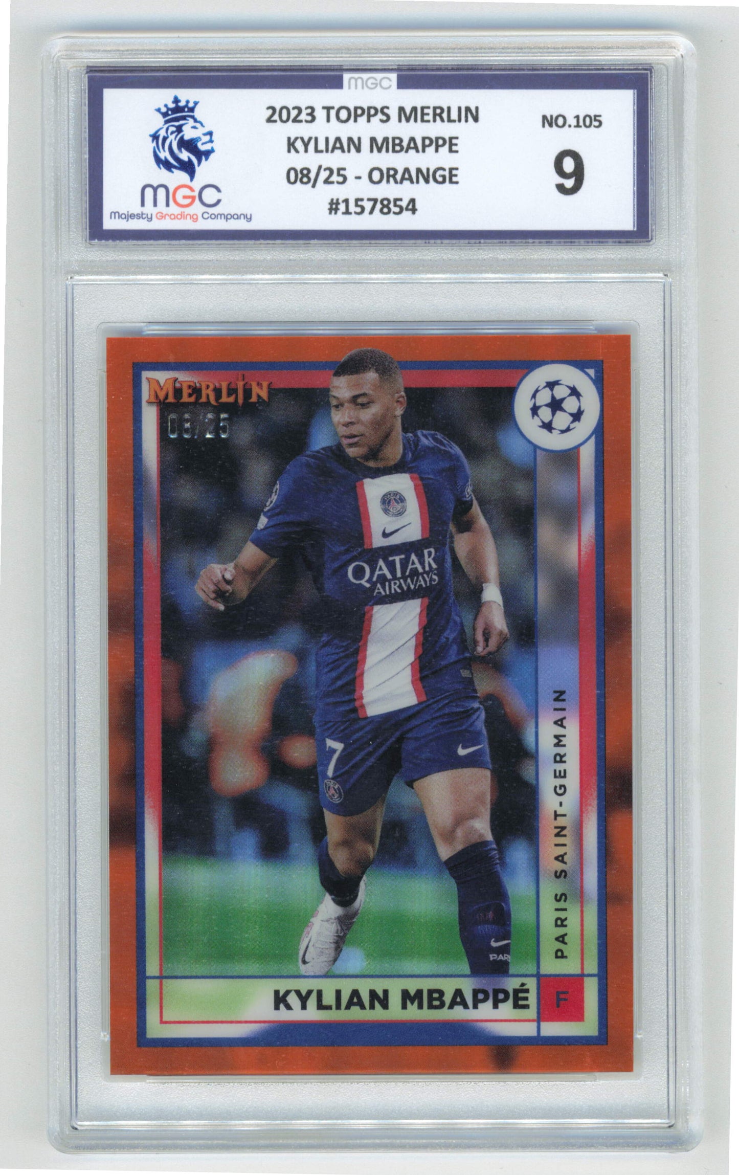 Topps Kylian Mbappe 08/25 Orange #105 2023 Merlin MGC 9