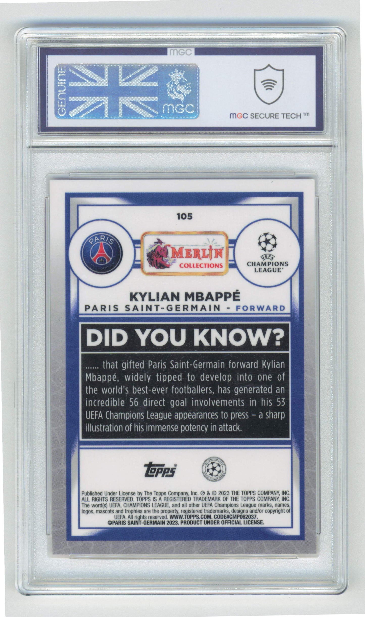 Topps Kylian Mbappe 08/25 Orange #105 2023 Merlin MGC 9