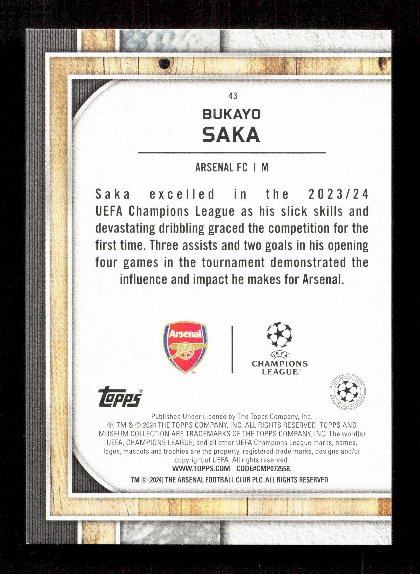 Topps Bukayo Saka Black Refractor 03/10 2024 Topps Museum Collection