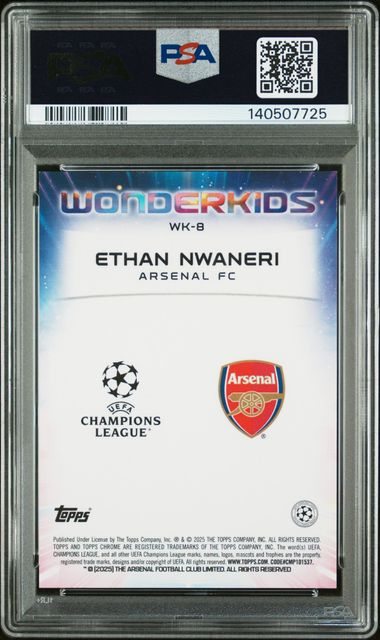 Topps Ethan Nwaneri 01/25 Wonderkids Orange Starball RC 2024/25 Chrome UCC Logofractor PSA 10
