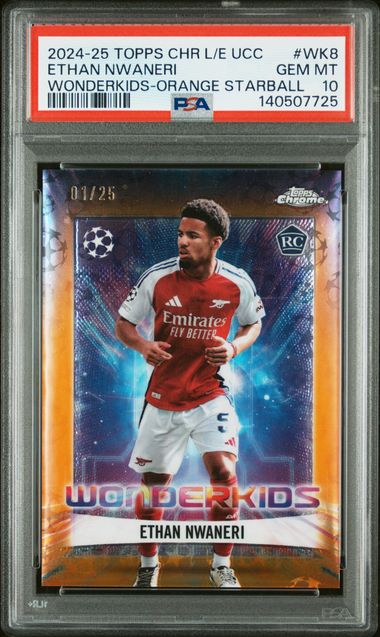 Topps Ethan Nwaneri 01/25 Wonderkids Orange Starball RC 2024/25 Chrome UCC Logofractor PSA 10