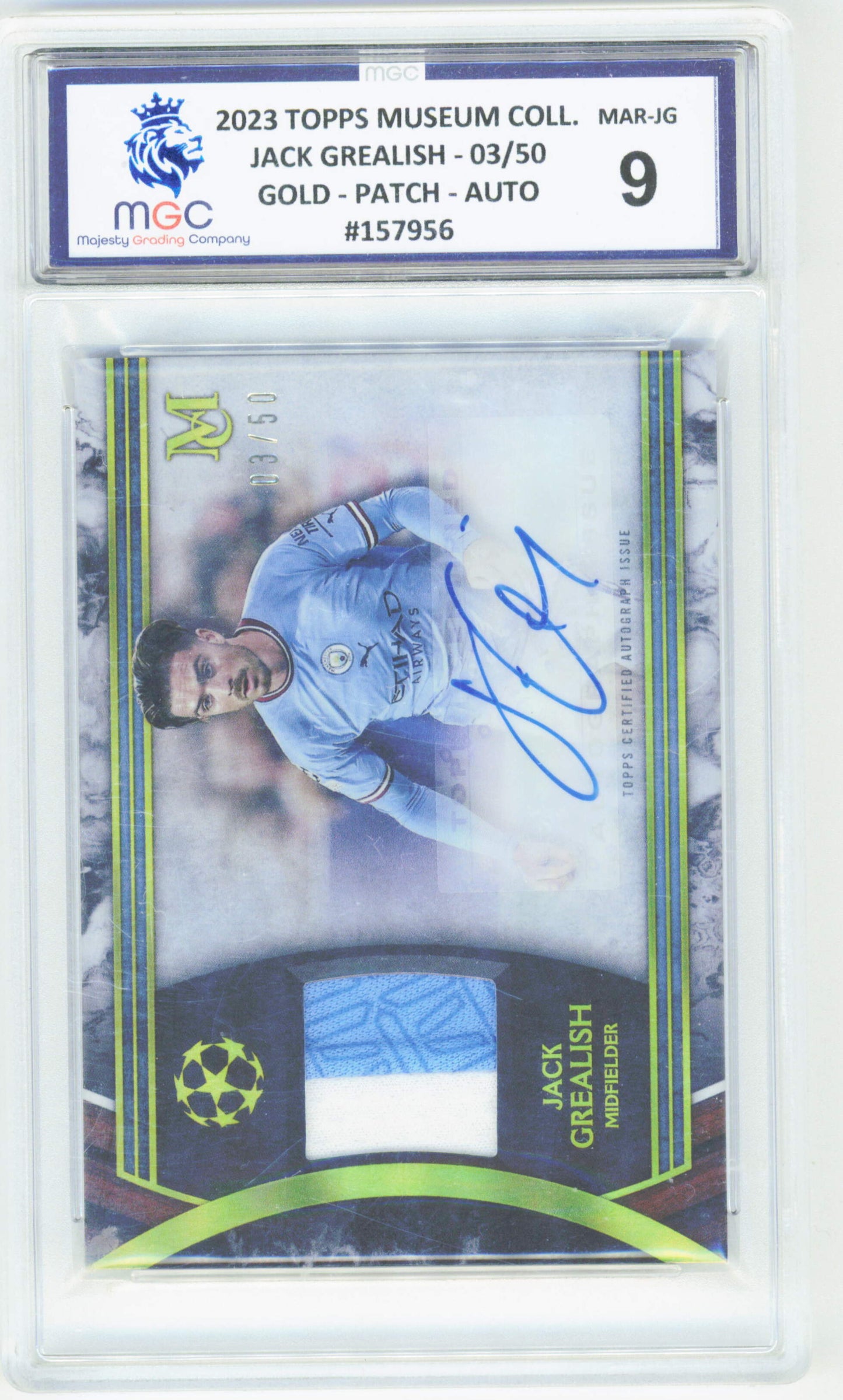 Topps Jack Grealish Gold Autograph Relic Card /50 Museum Collection UEFA Champions League 2023 MGC 9