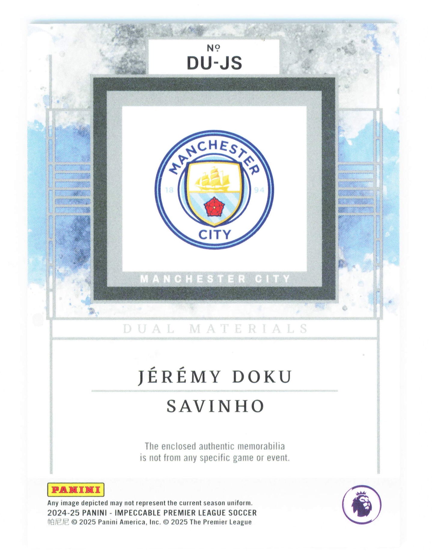 Panini Jeremy Doku/Savinho Dual Materials 08/25 DU-JS Impeccable Premier League Soccer 2025