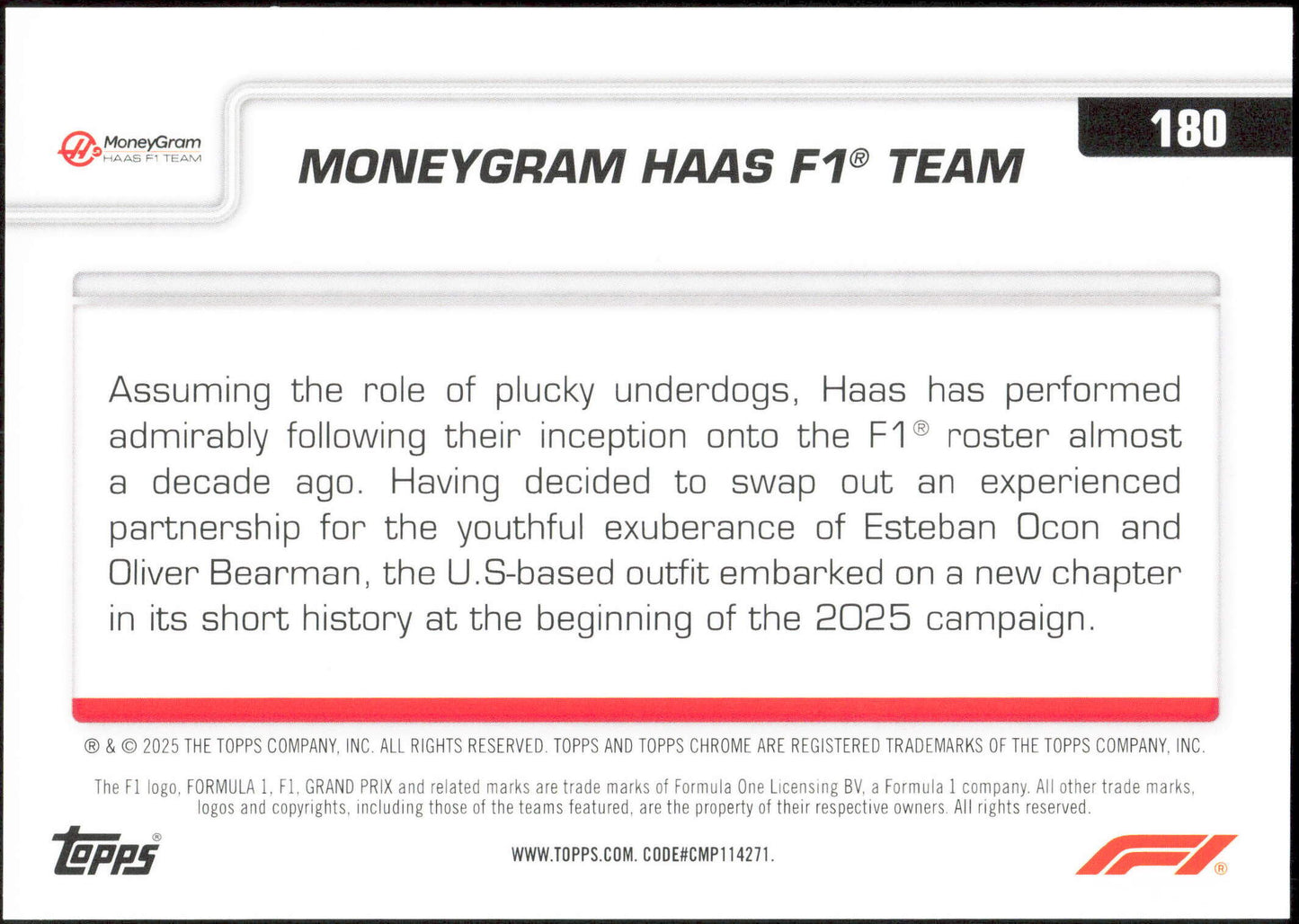 Topps Haas F1 Team 16/25 Orange #180 2025 Chrome Formula 1 Logofractor