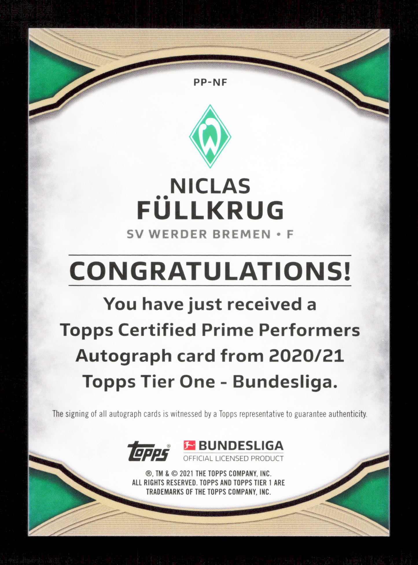 Topps Niclas Fullkrug Red Prime Autograph Card /10 Tier One Bundesliga 2020-21