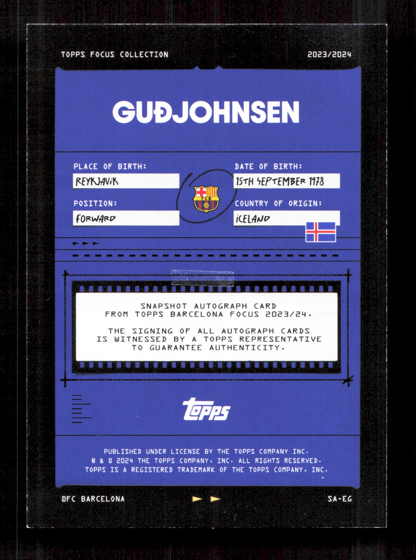 Topps Gudjohnsen Orange Autograph Card /25 Focus FC Barcelona 2024