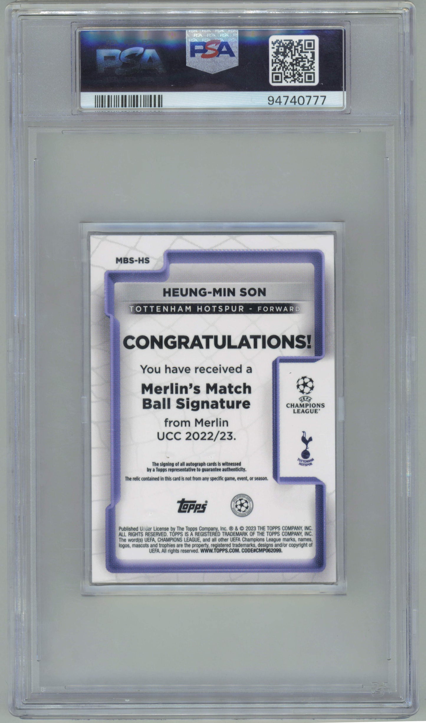 Topps Heung-Min Son Match Ball Signature MBS-HS 2022-23 Merlin Chrome UCC PSA 8