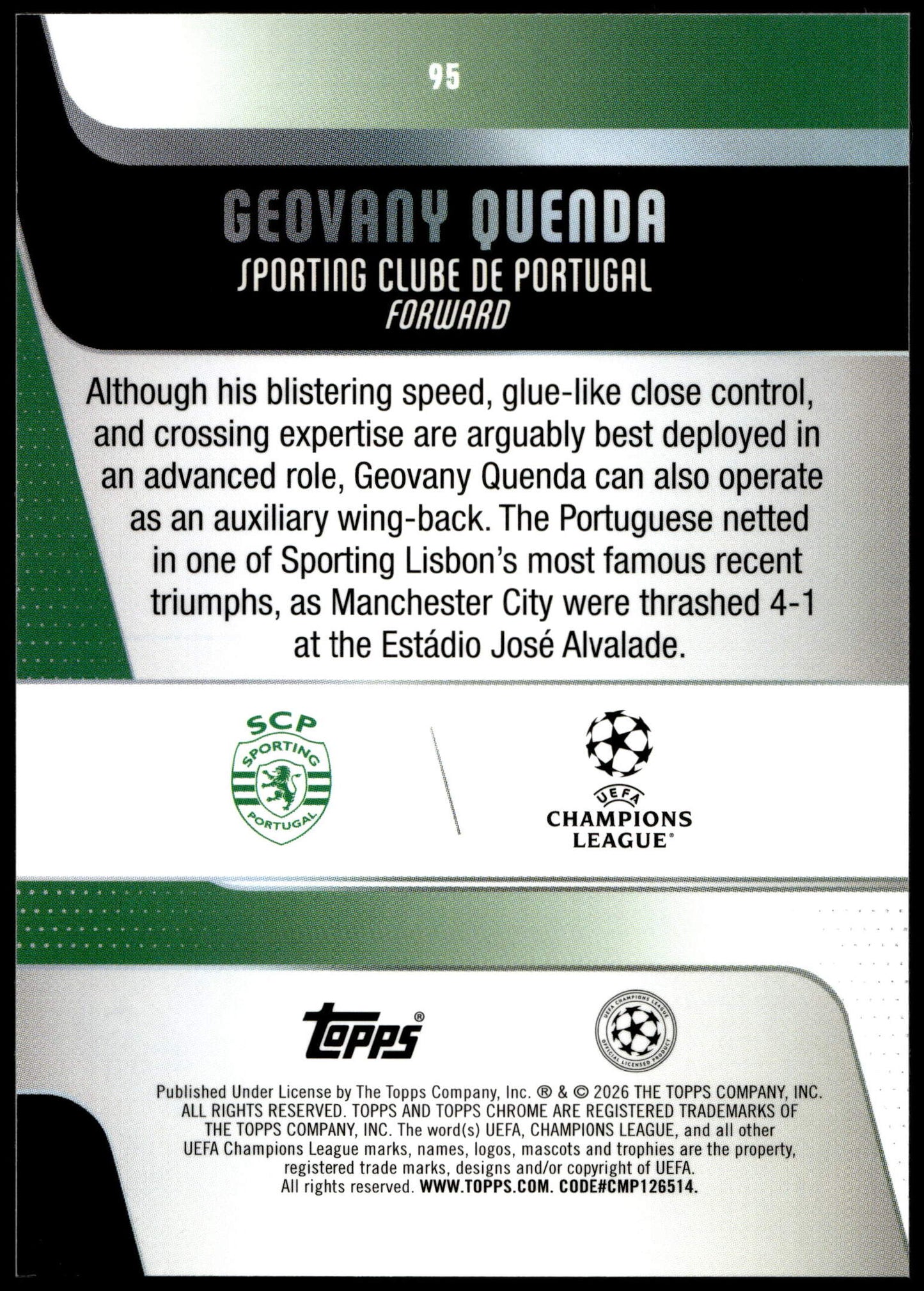 Topps Geovany Quenda 10/10 Future Stars #95 2025/26 Chrome Uefa Club Competitions Logofractor
