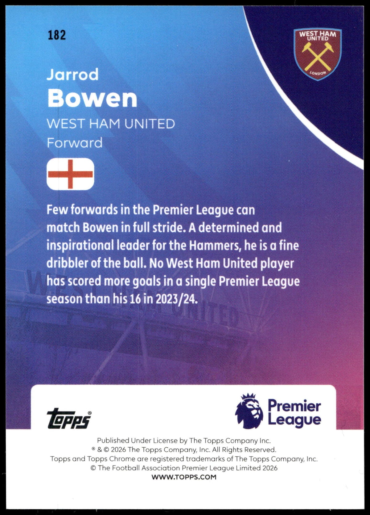 Topps Jarrod Bowen 1/5 Logofractor Red #182 2026 Chrome Premier League Logofractor