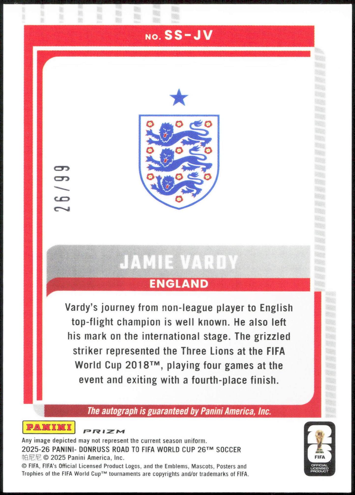 Panini Jamie Vardy Autograph 29/99 Purple Signature Series Donruss Road To The World Cup 2026