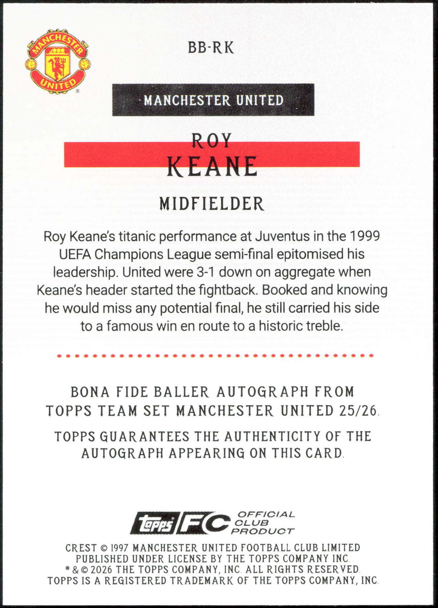 Topps Roy Keane Bona Fide 10/10 Black Autograph BB-RK Team Set Manchester United 25/26