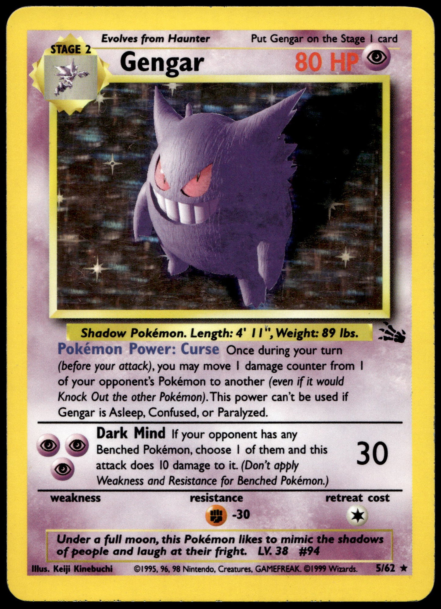 Pokemon Gengar 5/62 Holo Fossil 1999