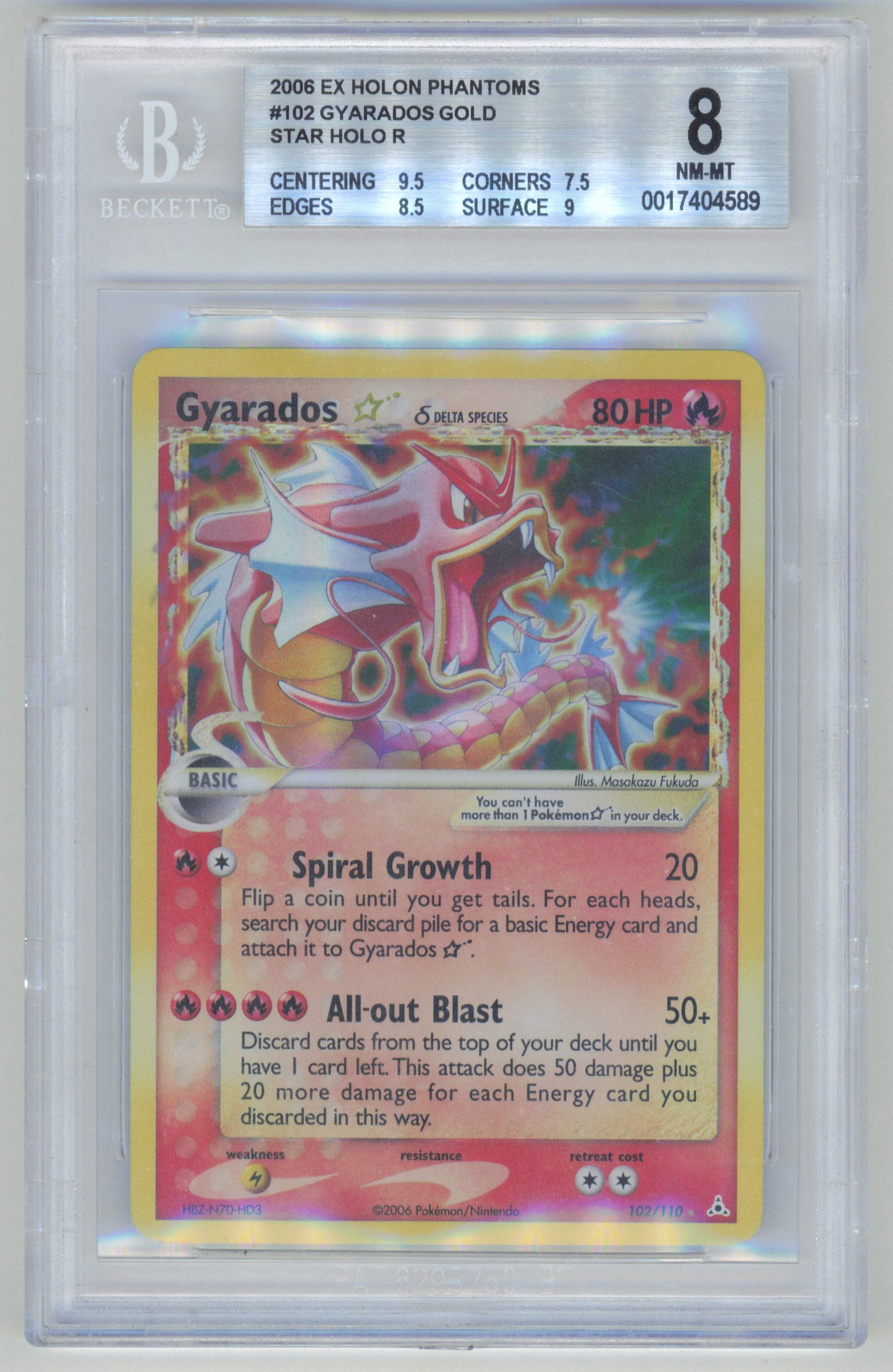 Pokemon Gyarados Delta Species Gold Star 102/110 Holo 2006 EX Holon Phantoms BGS 8