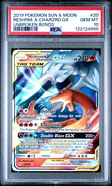 Pokemon Reshiram & Charizard GX 20/214 Full Art 2019 Unbroken Bonds PSA 10