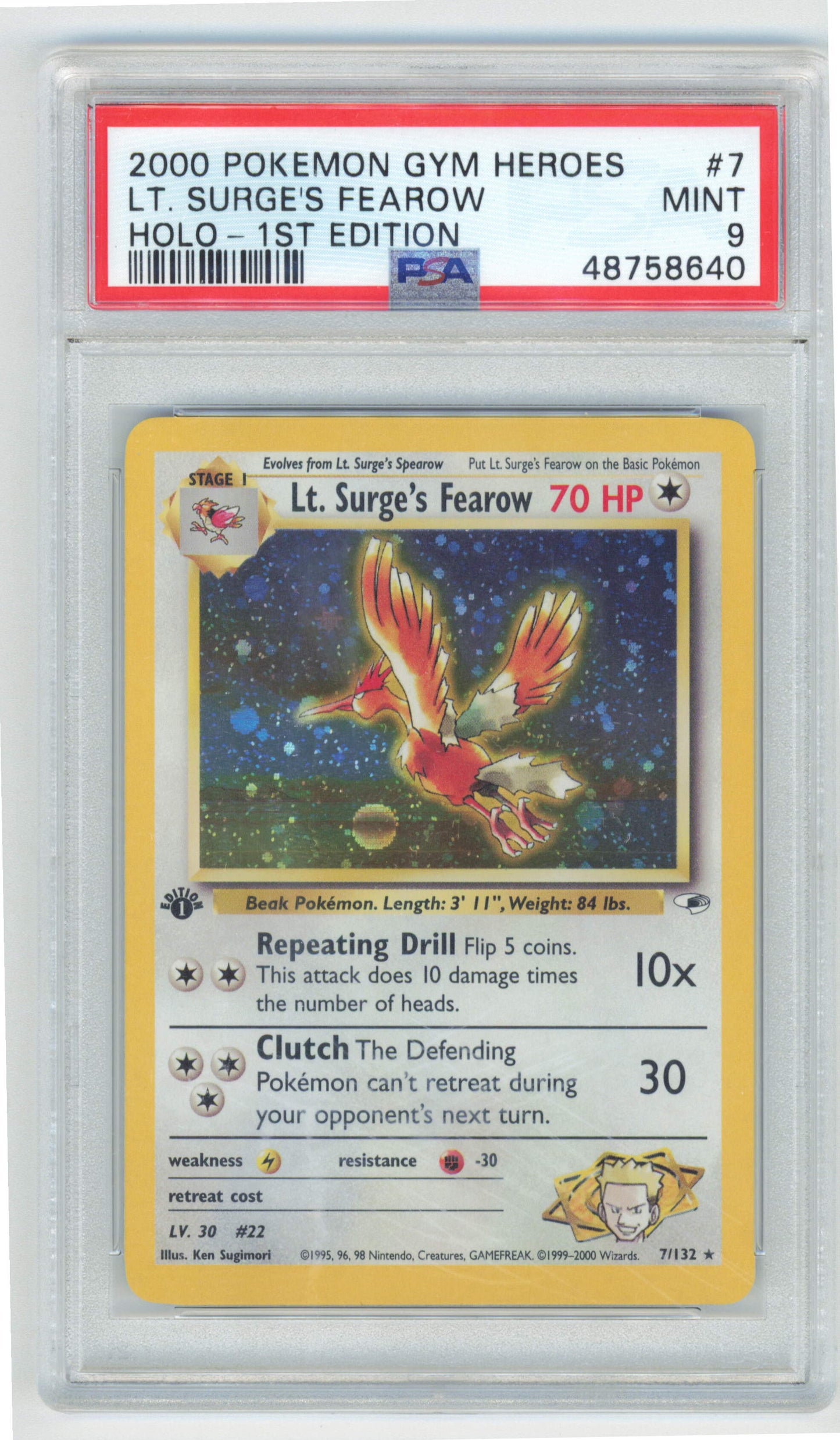Pokemon Lt. Surge's Fearow 7/132 Holo 1st Edition 2000 Gym Heroes PSA 9