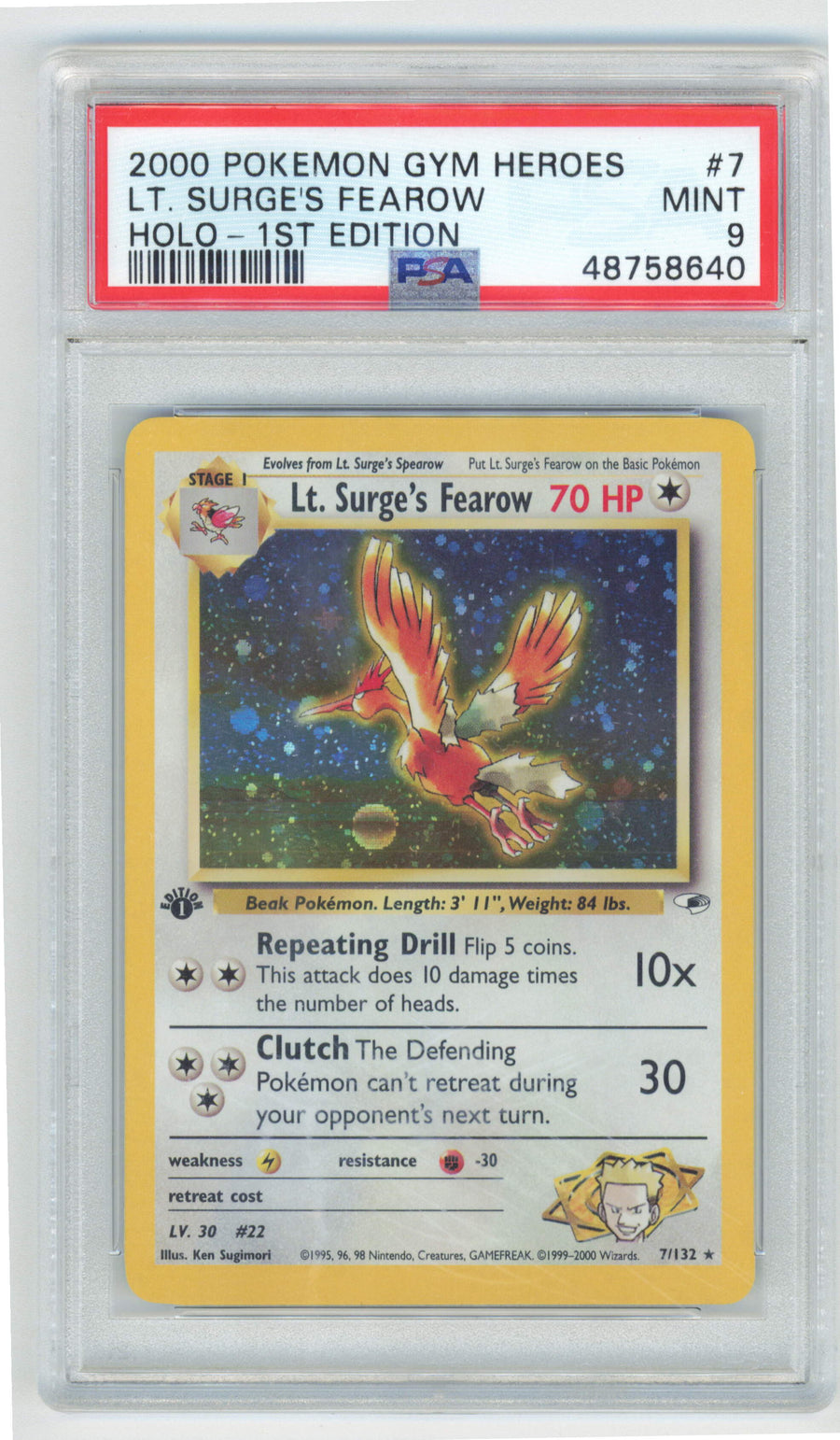 Pokemon Lt. Surge's Fearow 7/132 Holo 1st Edition 2000 Gym Heroes PSA 9